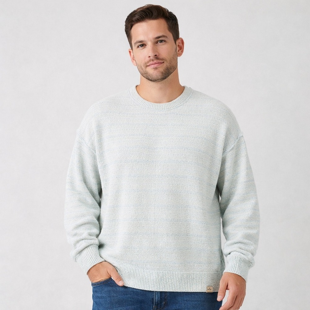 Roots Sweater‎ Mens L Pale Blue Striped Organic Cotton Blend Pullover Crewneck